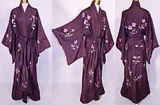 Antique Japanese Purple Plum Pansy Embroidered Silk Sash Kimono Robe