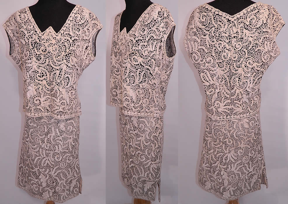 Vintage Italy Black Net Cream Soutache Embroidered Lace Dress Blouse & Skirt Set. This vintage Italy black net cream soutache embroidered lace dress blouse and skirt set dates from the 1960s. It is made of a sheer black net, with a raised off white cream color embroidered chain stitch, soutache work done in a scrolling spiral floral leaf pattern design.