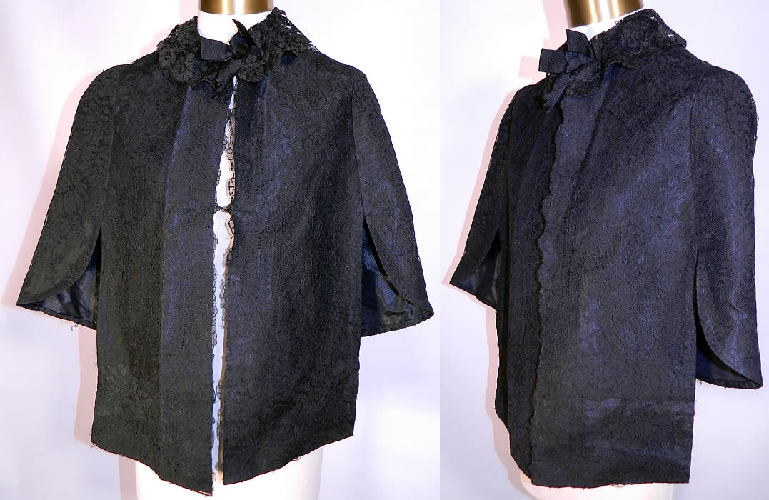 Victorian Black Chantilly Lace Mourning Mantle Cape Dolman Capelet. This antique Victorian era black Chantilly lace mourning mantle dolman cape capelet dates from 1880. It is made of a sheer fine black net French chantilly lace, with a floral foliage pattern outlined in black threads with detailed shading effects.