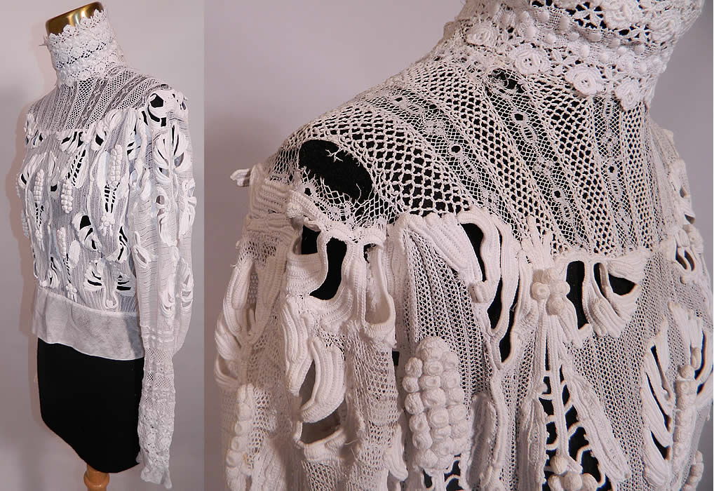 Edwardian White Net Irish Crochet Tape Lace Bodice Blouse. It is sheer and unlined. The blouse measures 18 inches long, with a 28 inch waist, 38 inch bust, 15 inch back and 24 inch long sleeves. It is in good condition, with some faint age spot stains, a few small holes in the net, lace and a frayed shoulder rip (see close-up). This is truly an extraordinary piece of wearable antique lace art! 