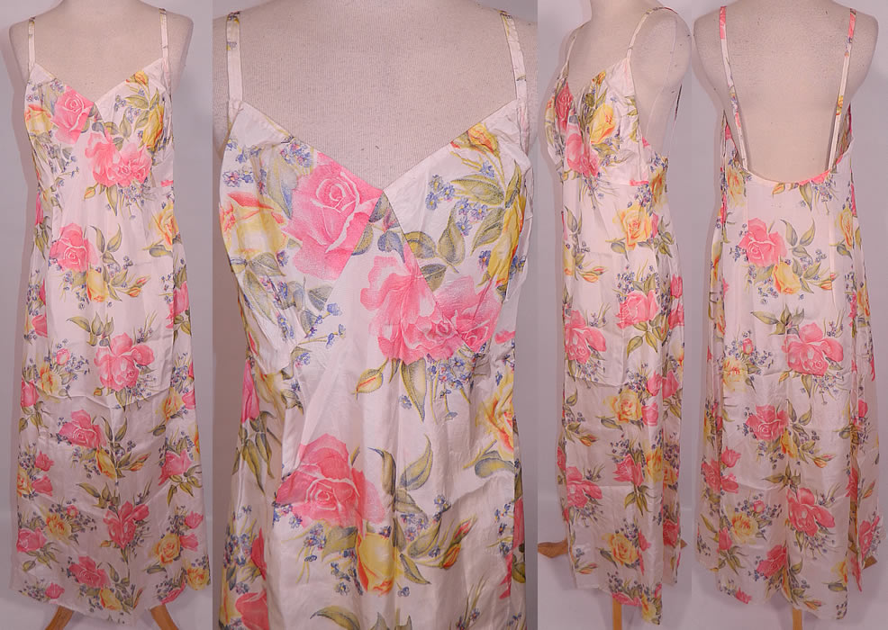Vintage Pastel Roses Silk Taffeta  Bias Cut Slip Dress Negligee Nightgown. This vintage pastel roses silk taffeta bias cut slip dress negligee nightgown dates from the 1930s. It is made of a white silk taffeta fabric, with colorful pastel floral roses and violets print. This lovely lingerie negligee nightgown slip dress has a bias cut, is a long floor length, with shoulder straps, backless and has side snap closures.