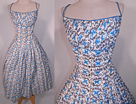 Vintage Blue Butterfly Papillon Print Cotton Circle Skirt Summer Sun Dress