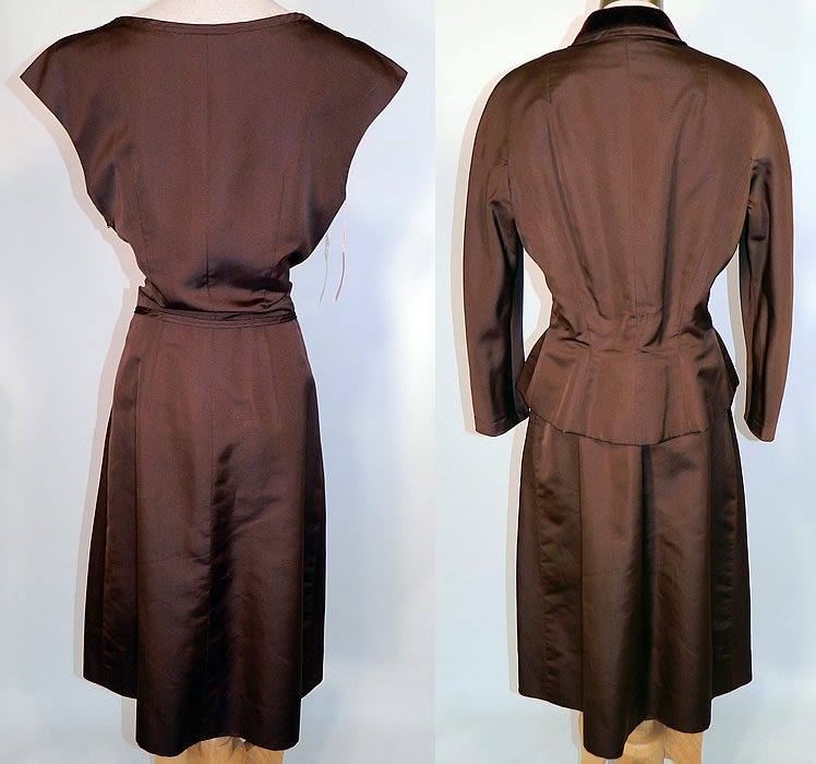 Vintage Hattie Carnegie Chocolate Brown Grosgrain Silk Suit Jacket & Dress. The outfit is in good condition and has never been worn, with the original Saks Fifth Avenue price tag of $12.50, size 12. The jacket has some slight faint fade discoloration along one side sleeve. This is truly a wonderful piece of quality made designer wearable art! 