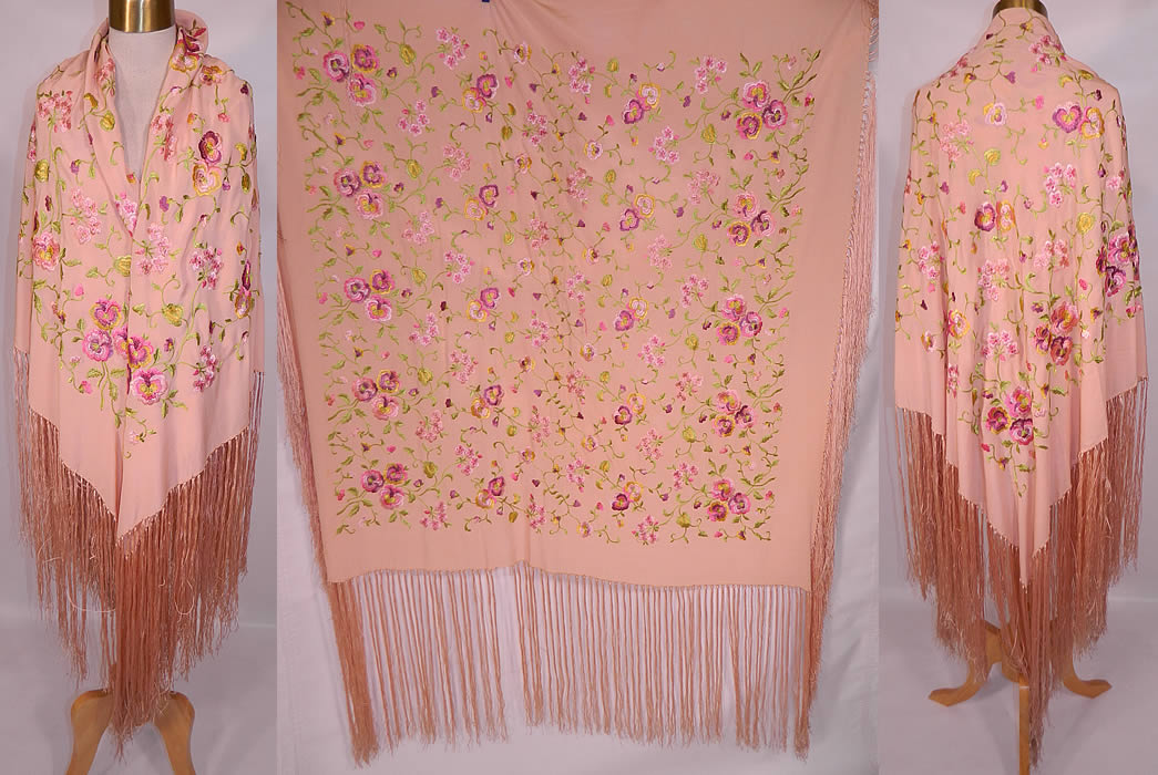 Vintage Pastel Pink Silk Floral Pansy Embroidered  Flapper Boho Piano Shawl. This vintage pink pastel silk floral pansy embroidered flapper boho piano shawl dates from the 1920s. It is made of a pale pink color silk fabric, with machine done embroidered colorful pastel pansy flowers.