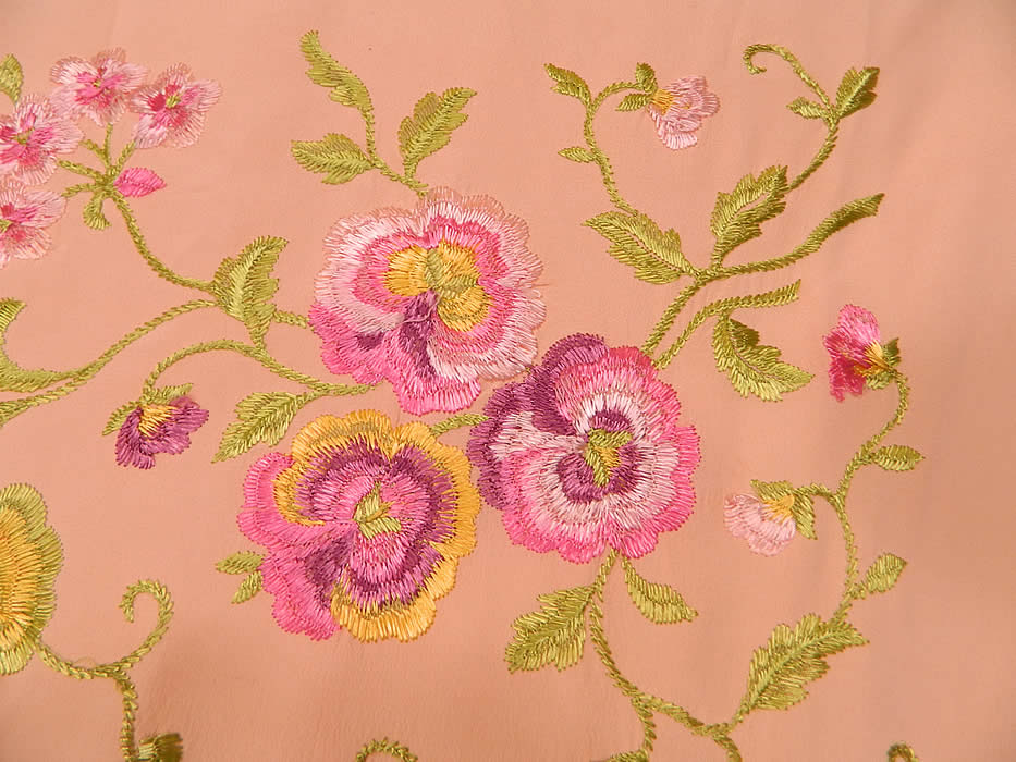 Vintage Pastel Pink Silk Floral Pansy Embroidered  Flapper Boho Piano Shawl. 