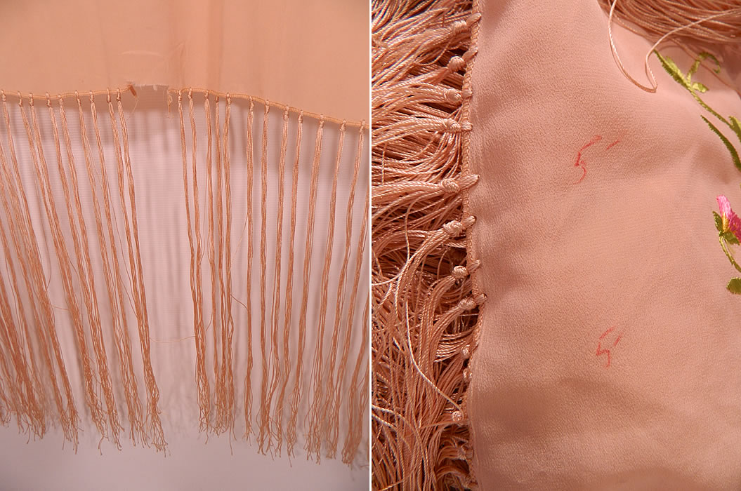 Vintage Pastel Pink Silk Floral Pansy Embroidered  Flapper Boho Piano Shawl. It is in good condition, but does have some fringe missing and red ink marks on the side (see bottom photo close-ups). This beautiful bohemian piano shawl is a wonderful piece of wearable textile art! 