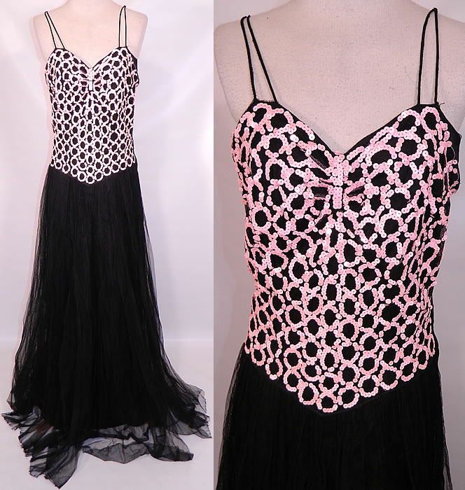 Vintage Black Tulle Net Pink Sequin Beaded Formal Evening Gown Dress. This vintage black tulle net pink sequin beaded beaded formal evening gown dress dates from the 1940s. It is made of a black tulle net fabric with pink sequin beading covering the top in a circular chain link lattice work design.