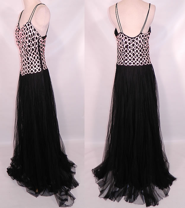 Vintage Black Tulle Net Pink Sequin Beaded Formal Evening Gown Dress. The dress measures 62 inches long, with 36 inch hips, a 24 inch waist and 34 inch bust. It is in good condition, but the bottom skirt hem is out. This is truly a wonderful piece of wearable art! 