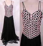 Vintage Black Tulle Net Pink Sequin Beaded Formal Evening Gown Dress