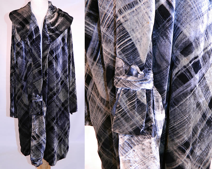 Vintage Blue Gray Plaid Print Velvet Long Flapper Coat Jacket.This vintage blue gray plaid print velvet long flapper coat jacket dates from the 1920s. It is made of a bluish gray plaid print silk velvet fabric. This fabulous flapper long loose fitting robe style coat jacket has an open front with no closure, a large shawl collar, pleated trim lapel front, long sleeves and is unlined. 
