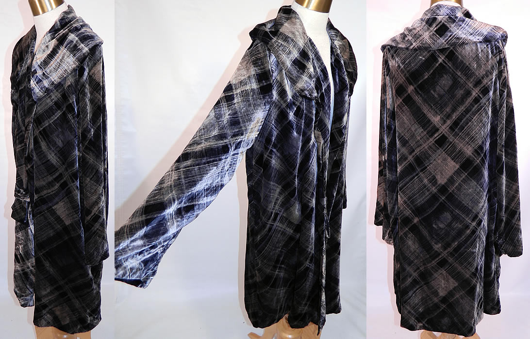 Vintage Blue Gray Plaid Print Velvet Long Flapper Coat Jacket. The coat measures 37 inches long, with 46 inch hips, a 46 inch waist and 46 inch bust. It is in good condition, with only a few faint tiny age spots. This is truly a wonderful piece of wearable art! 
