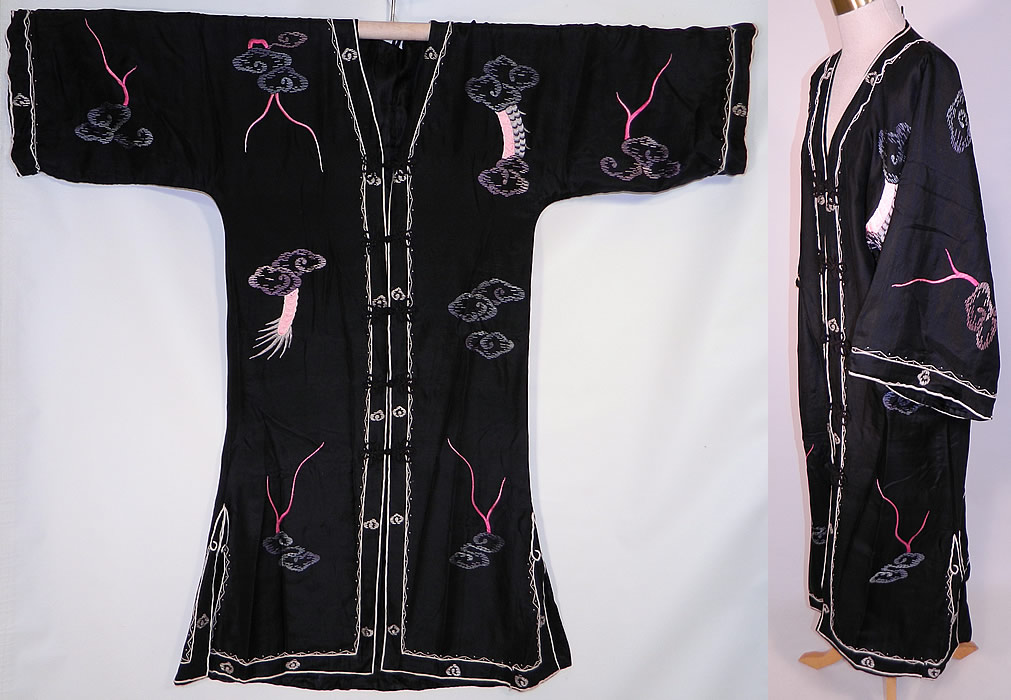 Edwardian Vintage Japanese Dragon Embroidered Black Silk Kimono Robe Coat
It is made of a black fine silk fabric, with colorful embroidery work and raised padded satin stitch dragons with smoke clouds. 