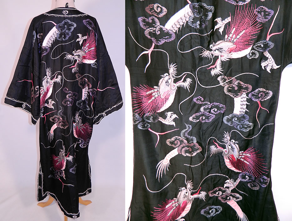 Edwardian Vintage Japanese Dragon Embroidered Black Silk Kimono Robe Coat
This killer kimono robe style surcoat is a long floor length, loose fitting, with a V front neckline, long full sleeves, decorative white stitching trim edging, black silk knotted button toggle closures down the front and is fully lined. 