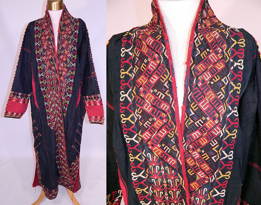 Antique Turkmenistan Indigo Dyed Embroidered Turkmen Chyrpy Coat Tribal Robe
This antique Turkmenistan indigo dyed embroidered Turkman chyrpy coat tribal robe dates from the the late 19th century. It is made of a indigo dyed silk fabric, with colorful chain stitched hand embroidered ethnic tribal designs and a red silk dyed fabric trim.