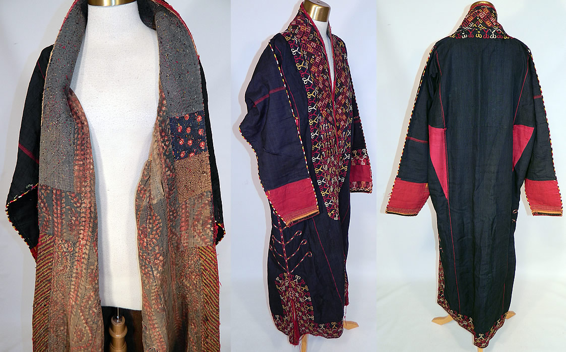 Antique Turkmenistan Indigo Dyed Embroidered Turkmen Chyrpy Coat Tribal Robe
This Turkmen womens Tekke chyrpy coat style cape is a long floor length, loose fitting, with an open front, no closure, long full sleeves with red cuffs and is fully lined in a patchwork of handspun floral print cotton fabrics. 