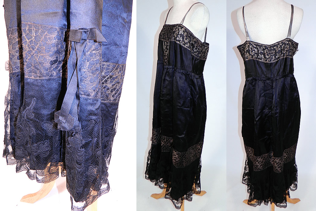 Vintage Art Deco Black Silk Gold Lame Lace Trim Flapper Slip Dress Lamé
The dress measures 47 inches long, with 48 inch hips, a 32 inch waist and 32 inch bust. It is in good as-is condition, with only a small frayed break in the lace under one arm and two small holes on the bottom back skirt hem. This is truly a wonderful piece of wearable Art Deco textile art! 