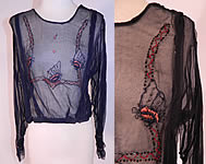 Vintage Navy Blue Sheer Silk Chiffon Embroidered Beaded Butterfly Blouse Shirt
