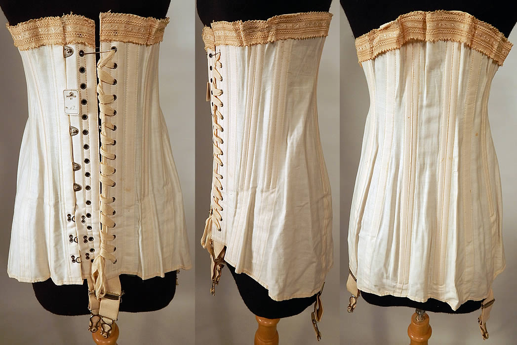Unworn Edwardian Cream Cotton Coutil Lace Trim Longline Corset Garters