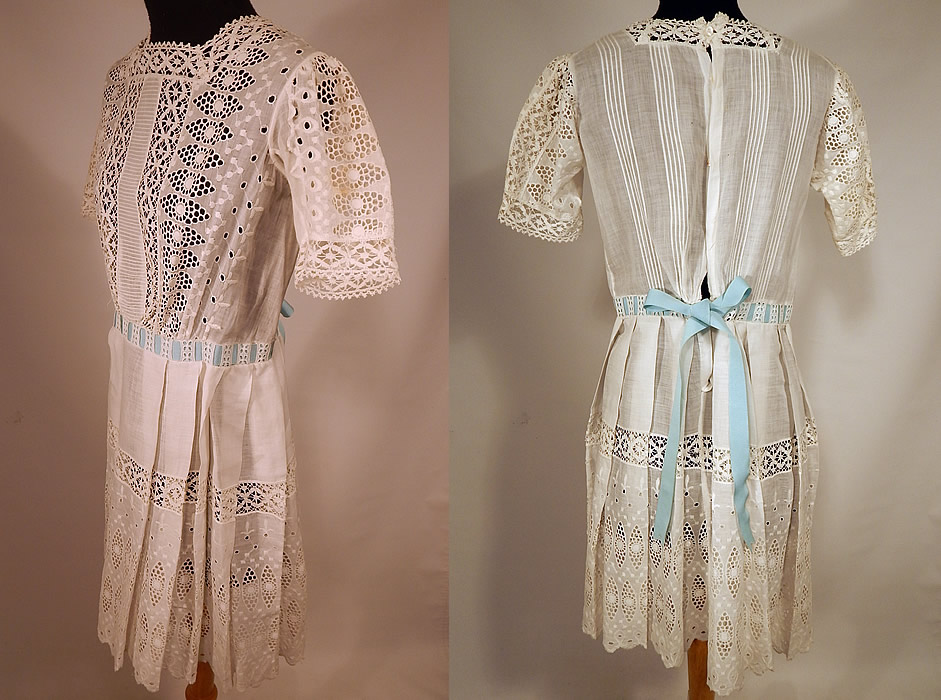 Victorian White Cotton Broderie Anglaise Eyelet Embroidery Cutwork Lace Girls Dress
It is in good condition, with only two tiny frayed holes under one arm (see close-up). This is truly a wonderful piece of antique Victoriana wearable art!