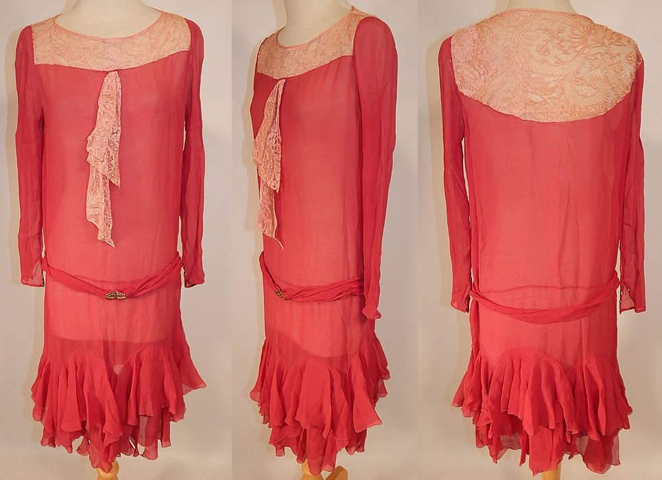 Vintage Red Raspberry Silk Chiffon Lace Yoke Belted Drop Waist Dress Ruffle Skirt
This vintage red raspberry silk chiffon lace yoke belted drop waist dress ruffle skirt dates from the 1920s. It is made of a red raspberry color sheer silk chiffon fabric, with a pinkish ecru cream color lace yoke and neck scarf front trim. 