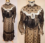 Victorian Black Chantilly Lace Sheer Silk Sequin Polka Dot Gown Bodice Skirt Dress
