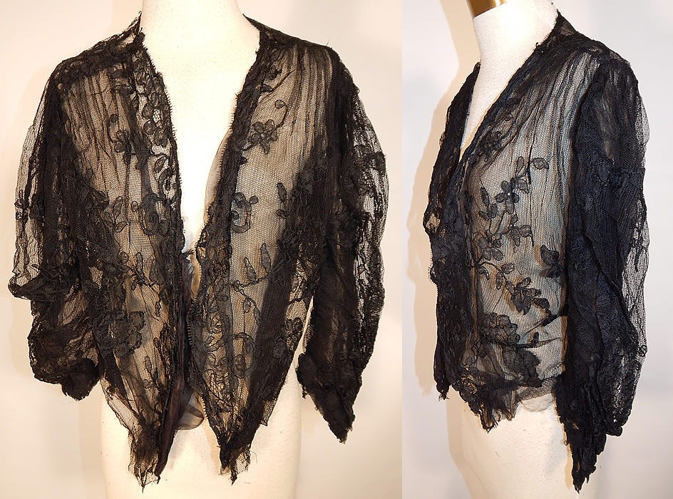 Victorian Antique Black Chantilly Lace Net Bodice Blouse Shirt Jacket Top
This Victorian era antique black Chantilly lace net bodice blouse shirt jacket top dates from 1900. It is made of a sheer delicate black net Chantilly lace, with a finely done decorative floral leaf designs outlined in black threads with shading.