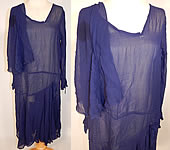 Vintage Art Deco Navy Blue Silk Chiffon Capelet Asymmetrical Drop Waist Dress 
