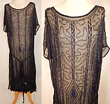 Vintage Art Deco Black Silk Chiffon Cobalt Blue Beaded Belted Drop Waist Flapper Dress 
