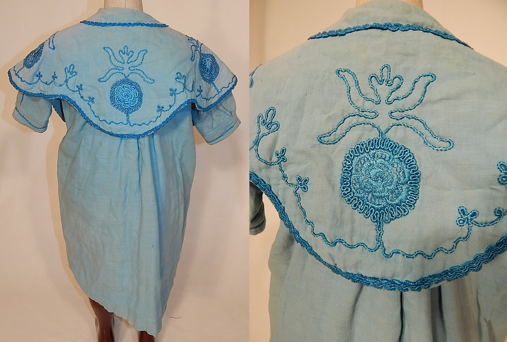 Edwardian Blue Embroidered Soutache Braided Trim Childs Winter Coat
The coat measures 24 inches long, with a 32 inch waist and 26 inch chest. It is in good condition, with only some slight fade discoloration in areas. This is truly a wonderful piece of wearable antique textile art!