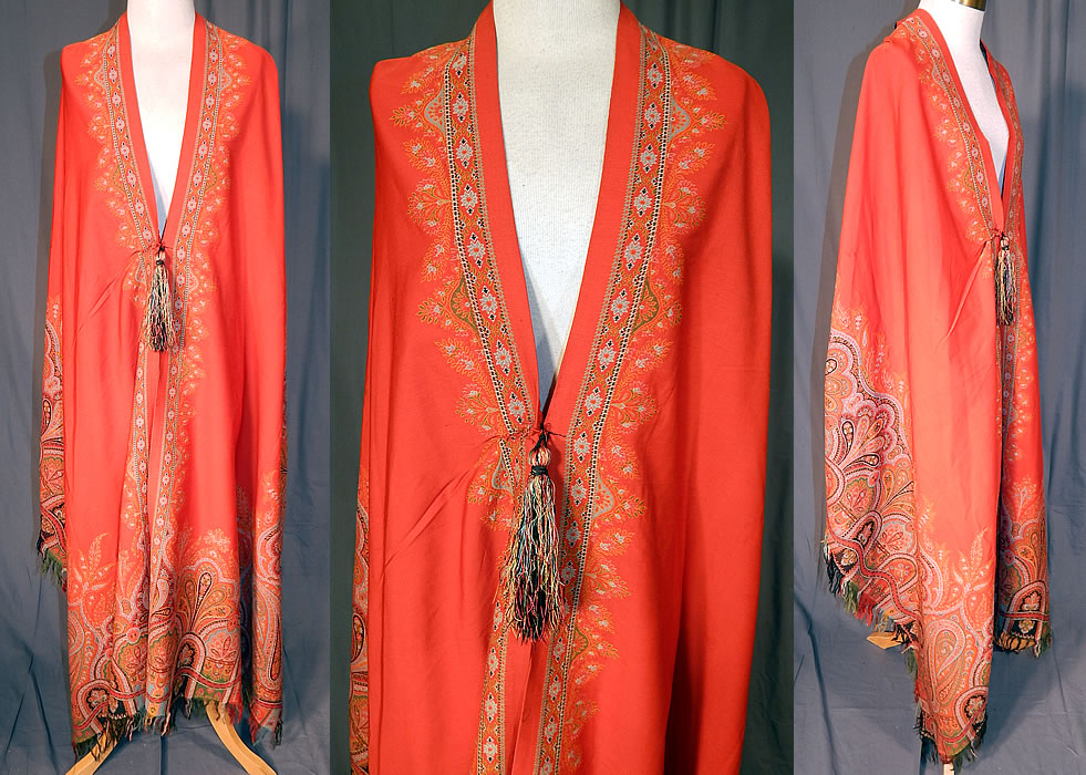 Victorian Antique Jacquard Red Wool Paisley Shawl Cloak Cape Tassel Trim
This Victorian era antique jacquard red wool paisley shawl cloak cape tassel trim dates from the 1880s. It is made of jacquard hand loomed woven wool done in strong bright vivid vibrant colors predominantly red.