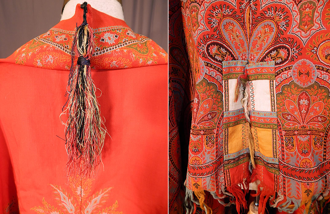 Victorian Antique Jacquard Red Wool Paisley Shawl Cloak Cape Tassel Trim
The shawl measures 56 by 52 inches. It is in good condition, with only a few faint small stains on the side which are difficult to see. This is truly a rare and exceptional piece of paisley textile art!