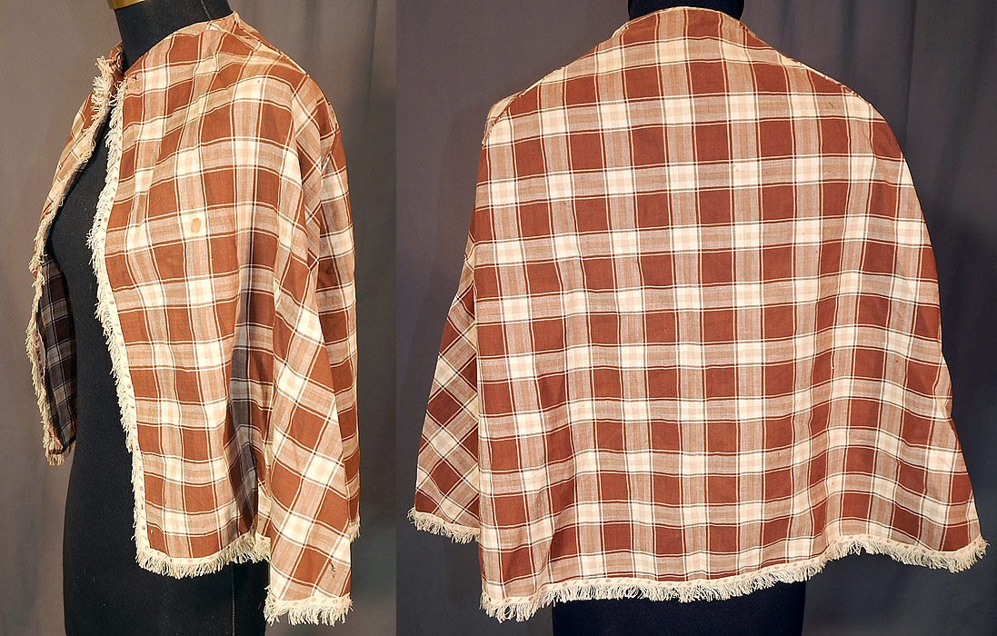 Victorian Brown & White Plaid Gingham Check Cotton Fichu Shawl Pelerine Cape
This short fichu shawl pelerine cape has an open front with no closure and is unlined. The cape measures 19 inches long, with a 15 inch back across the shoulders.