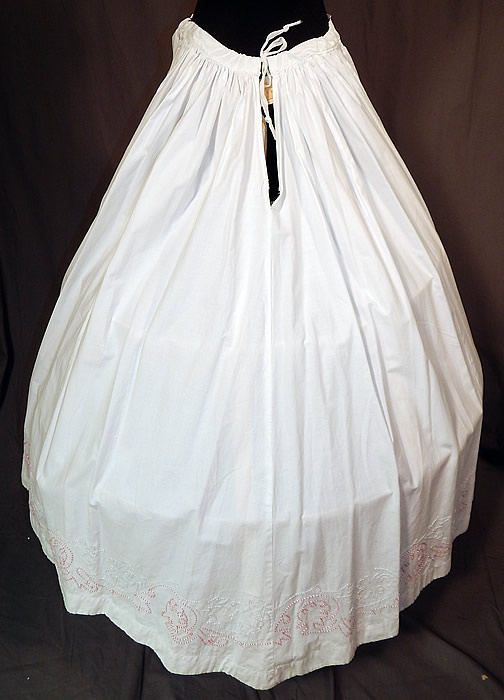 Victorian White Cotton Red Soutache Stitched Embroidery Full Petticoat Skirt

