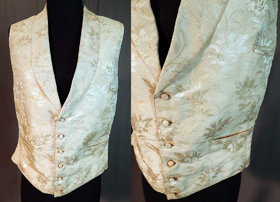 Victorian Gentleman's White Silk Damask Floral Brocade Wedding Waistcoat Vest
This antique Victorian era gentleman's white silk damask floral brocade wedding waistcoat vest dates from the 1860s. It is made of an off white ivory color silk damask botanical floral embossed brocade fabric.