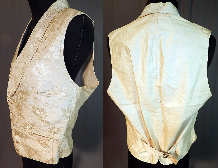 Victorian Gentleman's White Silk Damask Floral Brocade Wedding Waistcoat Vest
There is a white linen fabric backing, with an adjustable metal buckle, strap on the lower back. It is fully lined with padding inside the front chest area.