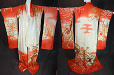 Vintage Japanese Peacock Red Silk Gold Embroidered Uchikake Wedding Kimono
