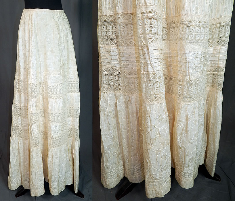 Edwardian Cream Cotton Silk Damask Drawn Cutwork Lace Wedding Skirt Train Back
This antique Edwardian era cream cotton silk damask drawn cutwork lace wedding skirt train back dates from 1910. It is made of an off white cream color cotton batiste silk blend fabric, with a damask weave, drawn cutwork vine leaf pattern design and lace trim inserts. 