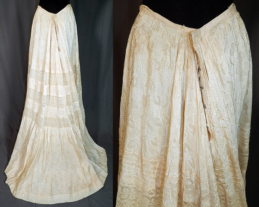 Edwardian Cream Cotton Silk Damask Drawn Cutwork Lace Wedding Skirt Train Back
The skirt measures 40 inches long in the front, 49 inches long in the back, with a 24 inch waist. It is in good condition, has not been cleaned, with only a few faint small age spot stains inside and outside on the bottom. 