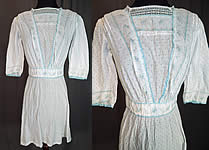 Victorian Blue & White Cotton Batiste Polka Dot Floral Calico Print Girls Dress

