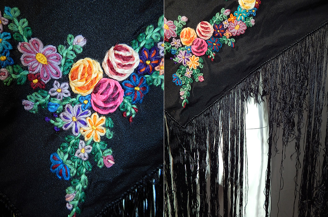 Vintage Black Silk Floral Garland Rosette Yarn Embroidered Fringe Shawl Scarf
It is in good as-is condition, with some missing fringe (see close-up). This is truly a wonderful piece of wearable embroidered textile art!