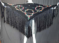 Vintage Black Silk Floral Garland Rosette Yarn Embroidered Fringe Shawl Scarf
