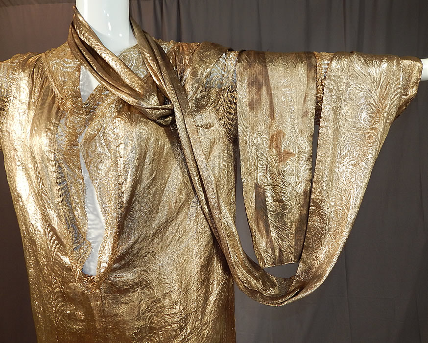 Vintage Art Deco Gold Lamé Lame Lace Belted Sash Scarf Shift Kaftan Flapper Dress
