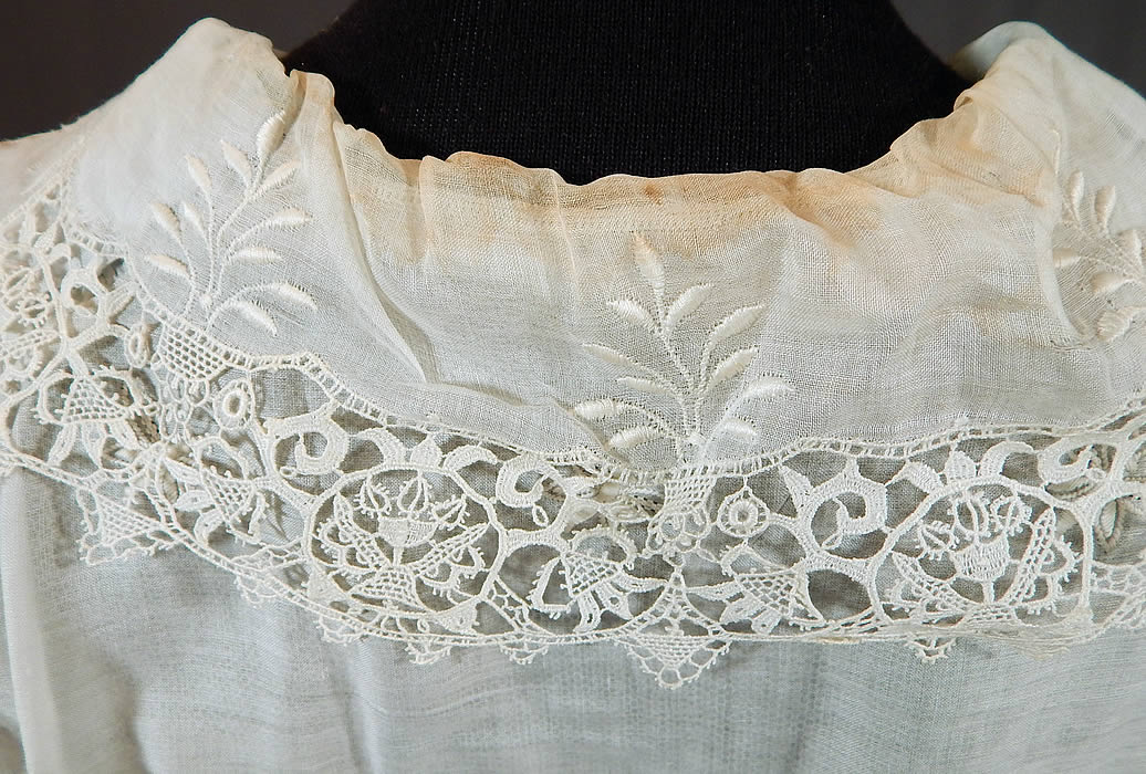 Edwardian White Cotton Batiste Embroidered Eyelet Butterfly Lace Dress
It is in good condition, but has not been cleaned, with soiling on the back collar and slight bluing color in areas. Truly is a wonderful piece of wearable art.