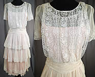 Vintage White Net Brussels Applique Duchesse Bobbin Lace Pink Silk Slip Dress 
