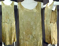 Vintage Art Deco Chartreuse Gold Lamé Lame Silk Damask Drop Waist Flapper Dress
