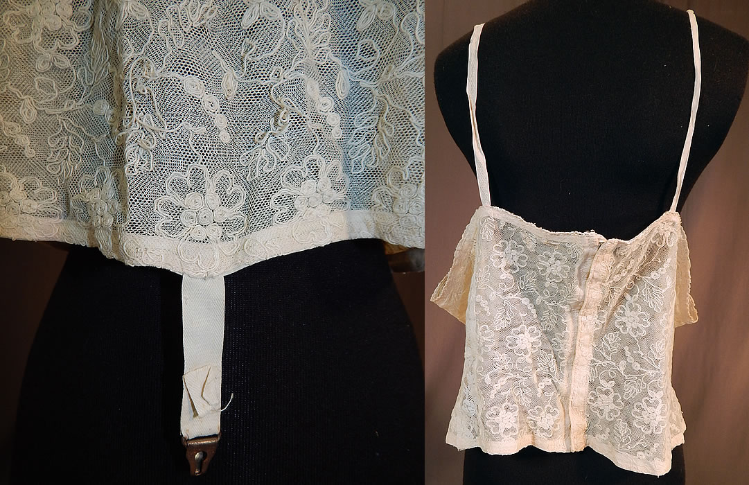 Vintage Edwardian Tambour Embroidery Net Lace Camisole Bra Bandeau Top
The top measures 18 inches long, with a 40 inch waist and 40 inch bust. It is in good condition, but has not been cleaned with a few faint foxing age spots which are barely noticeable. This is truly a rare and wonderful early piece of wearable lingerie art!