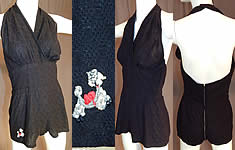 Vintage Black Knit Halter Top Onepiece Swimsuit Romper Poodle Applique
