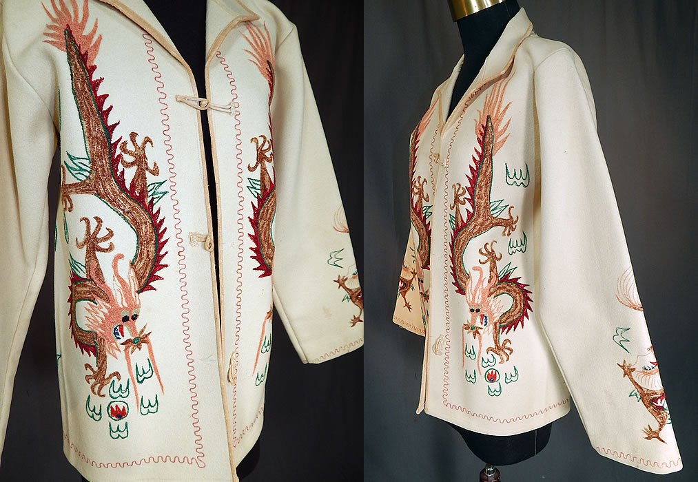 Vintage Chinese Dragon Tiny Seed Stitch Embroidery White Wool Winter Coat Jacket
This wonderful winter coat jacket has a loose fitting boxy style, with fold over collar, long full sleeves, knotted button toggle closures down the front and is unlined.