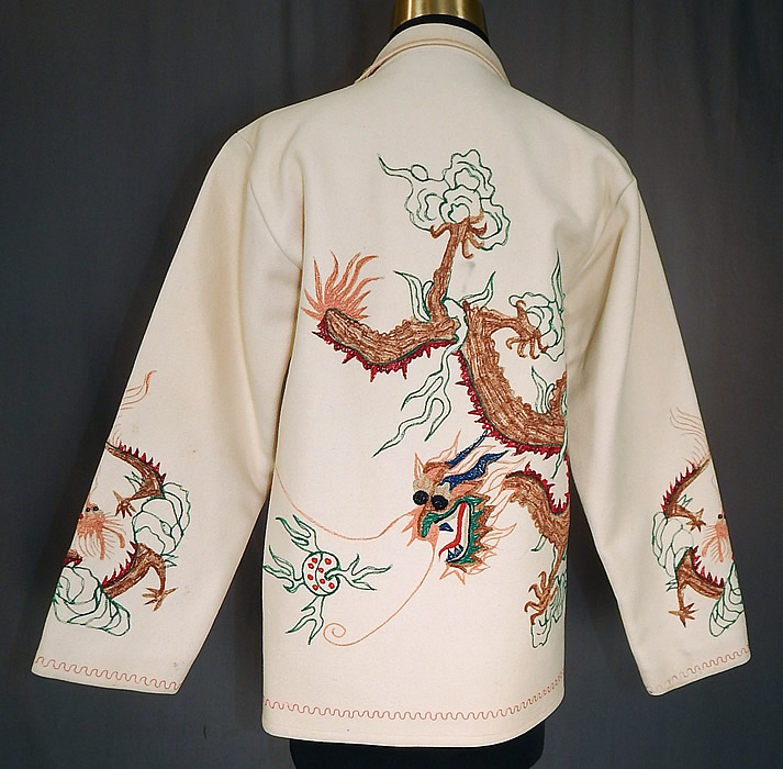 Vintage Chinese Dragon Tiny Seed Stitch Embroidery White Wool Winter Coat Jacket
The coat measures 24 inches long, with, a 34 inch waist, 36 inch bust and 20 inch long sleeves. 