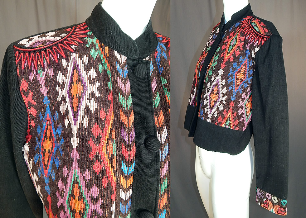 Vintage Milagros Hand Loomed Guatemalan Weave Crop Coat Bolero Jacket
This vintage Milagros hand loomed Guatemalan weave crop coat bolero jacket dates from the 1980s. It is made of black cotton woven fabric, with colorful hand loomed Guatemalan weave geometric diamond designs.